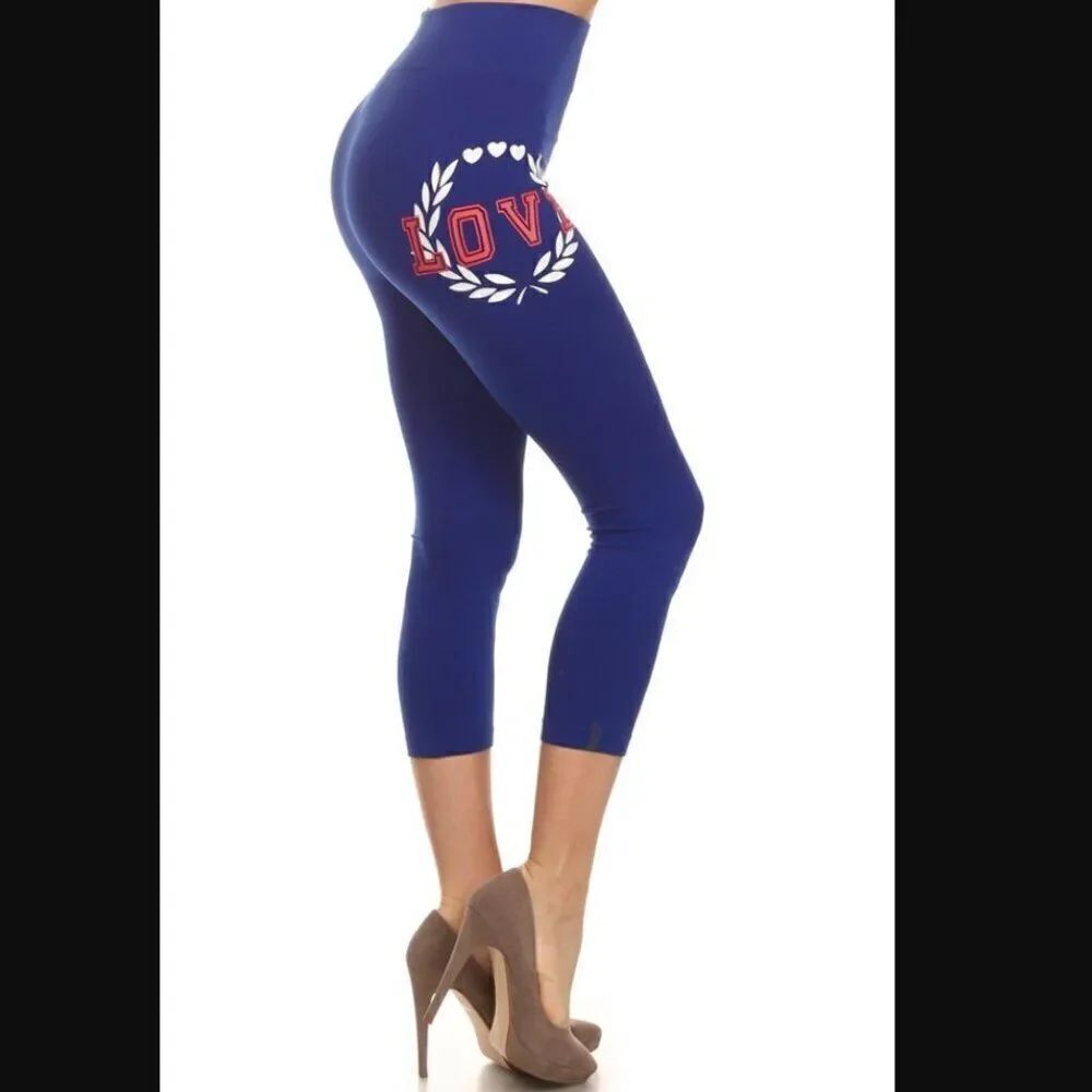 NWT Yelete Womens "LOVE" Screen Print Capri Leggings in Royal Blue | OS